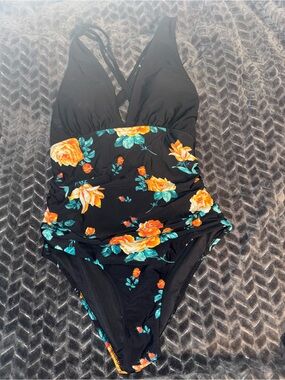 Otherwild Black One-Piece Swimsuit with Orange Floral Print